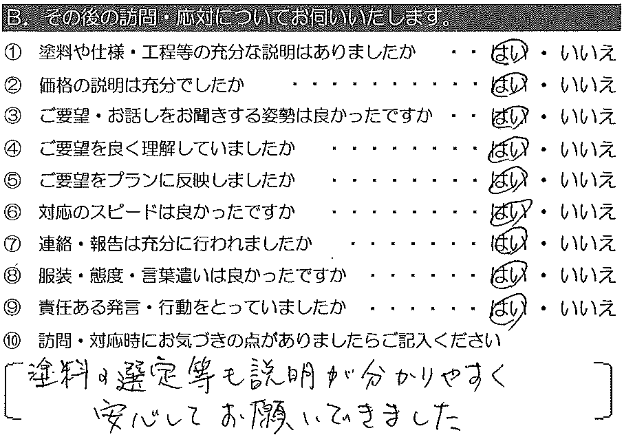 塗料の選定等も説明が分かりやすく、