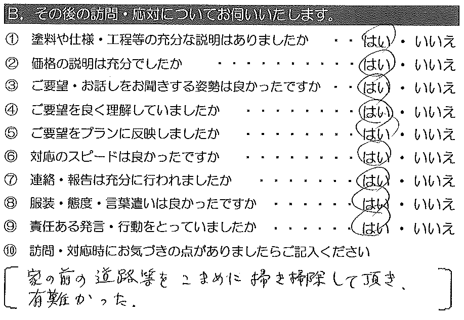 家の前の道路等を、こまめに掃き掃除して頂き、有難かった。