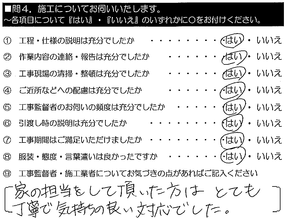 家の担当をして頂いた方は、とても丁寧で気持ちの良い対応でした。