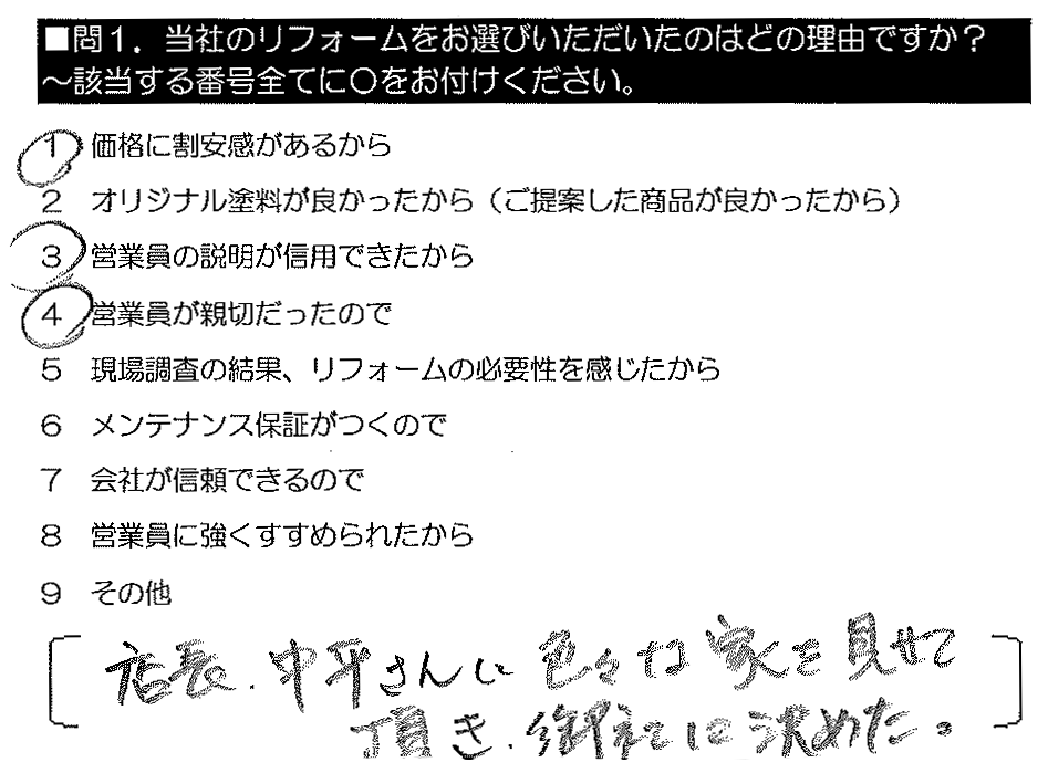 店長、中平さんに色々な家を見せて頂き、御社に決めた。