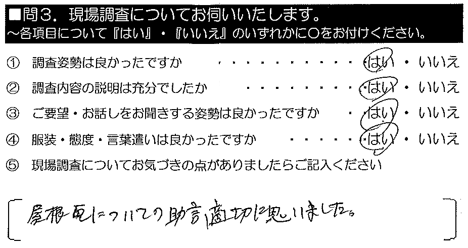 屋根瓦についての助言、適切に思いました。