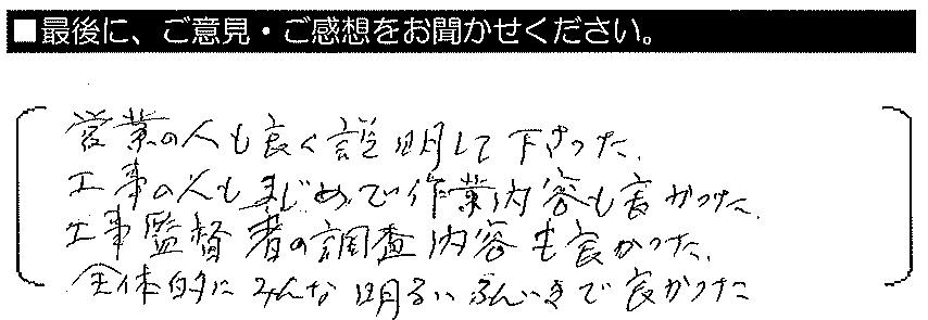 営業の人も良く説明してくださった。工事の人もまじめで作業内容も良かった。