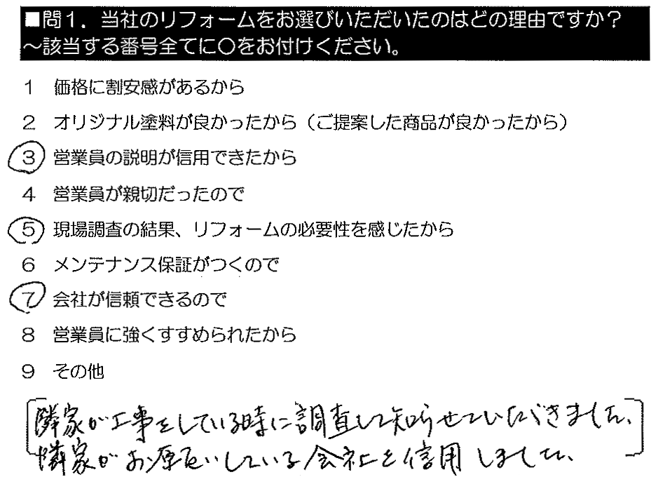 隣りの家の外壁工事のとき、好感の持てるあいさつをして頂き記憶してました。又、割引きなどもあったため。