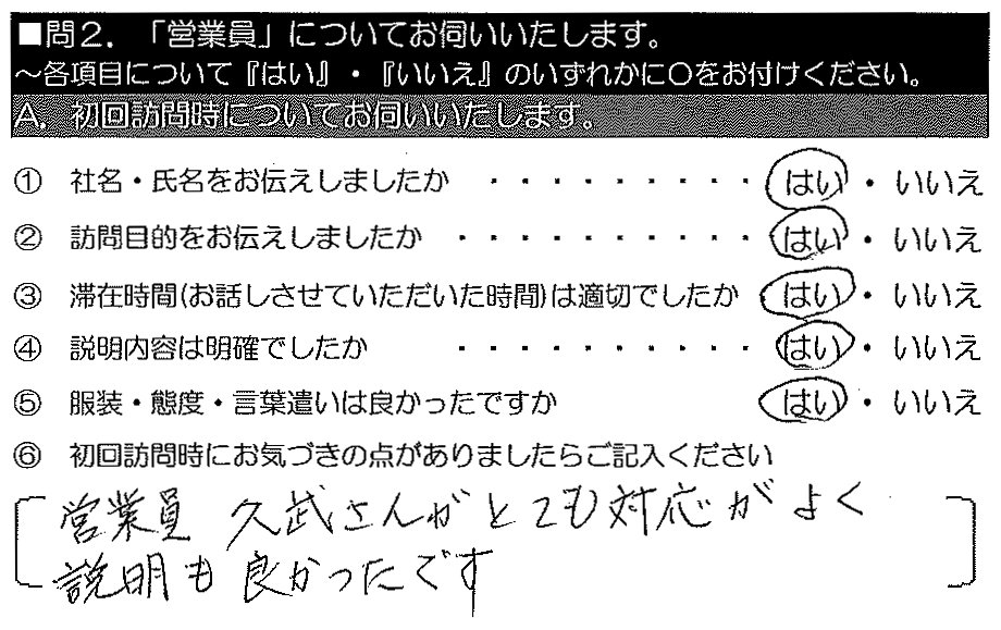 営業員 久武さんがとても対応が良く、説明も良かったです。