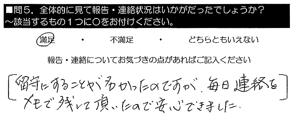 留守にすることが多かったのですが、毎日連絡をメモで残して頂いたので安心できました。