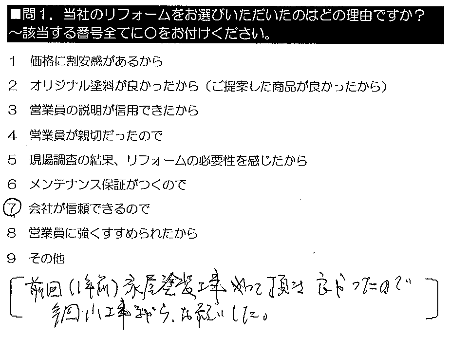 前回（1年前）、家屋塗装工事をやって頂き良かったので、今回、小工事ながらお願いした。