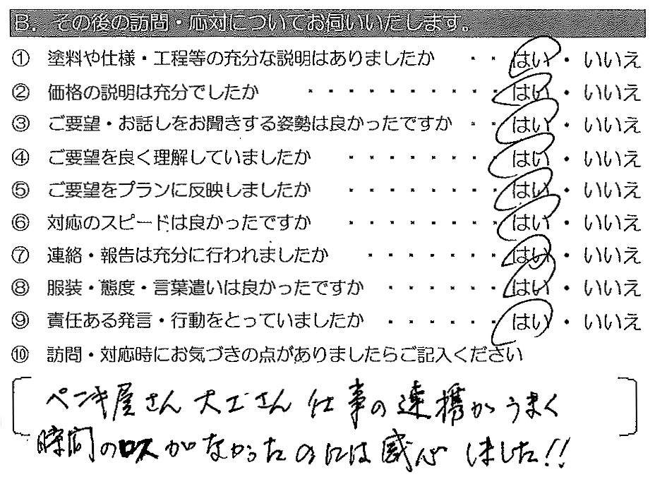 ペンキ屋さん、大工さん工事の連携がうまく、時間のロスがなかった。