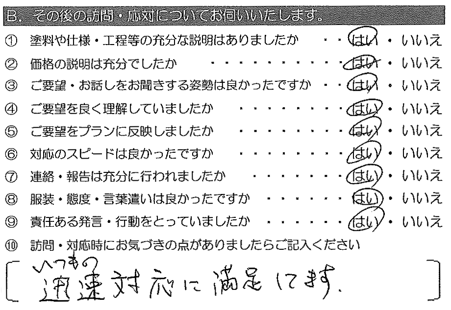 いつもの迅速対応に満足しています。