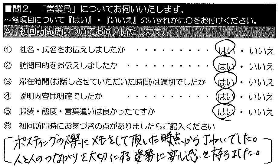 ポスティングの際にメモをして頂いた時点から丁寧でした。