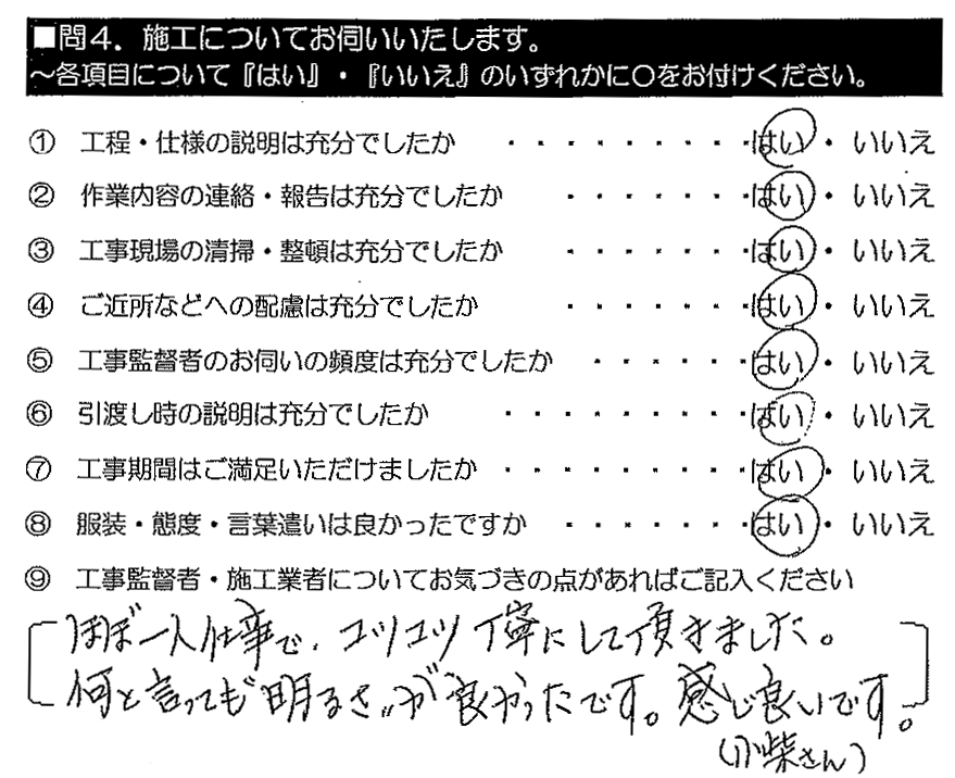 ほぼ一人仕事で、コツコツ丁寧にして頂きました。なんといっても