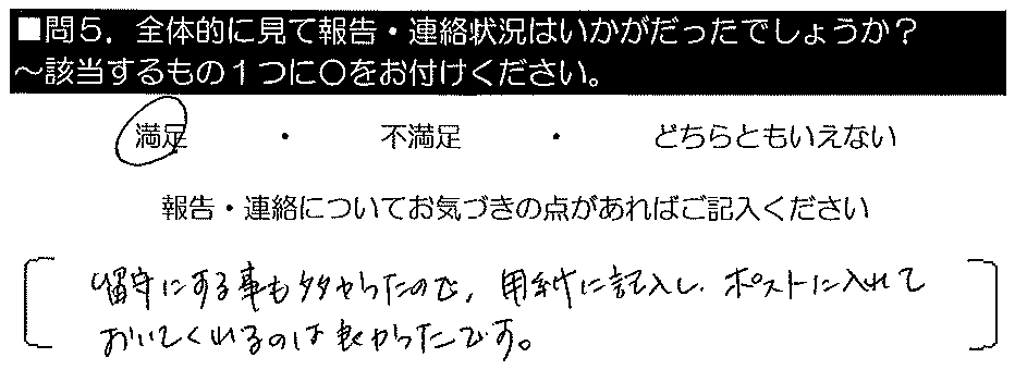 留守にする事も多かったので、用紙に記入しポストに入れておいてくれるのは良かったです。