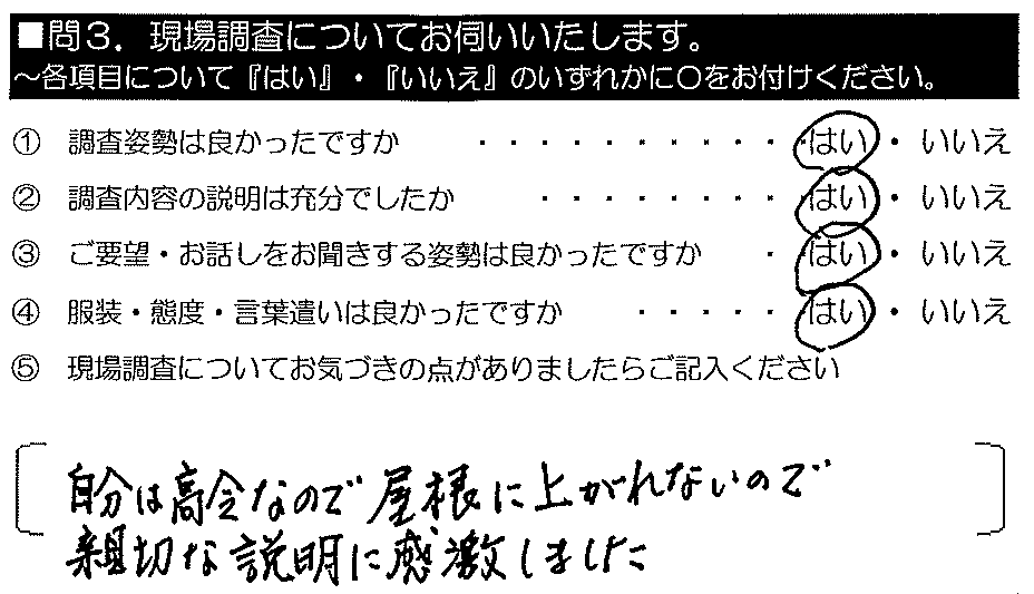 自分は高齢なので屋根に上がれないので、親切な説明に感激しました。