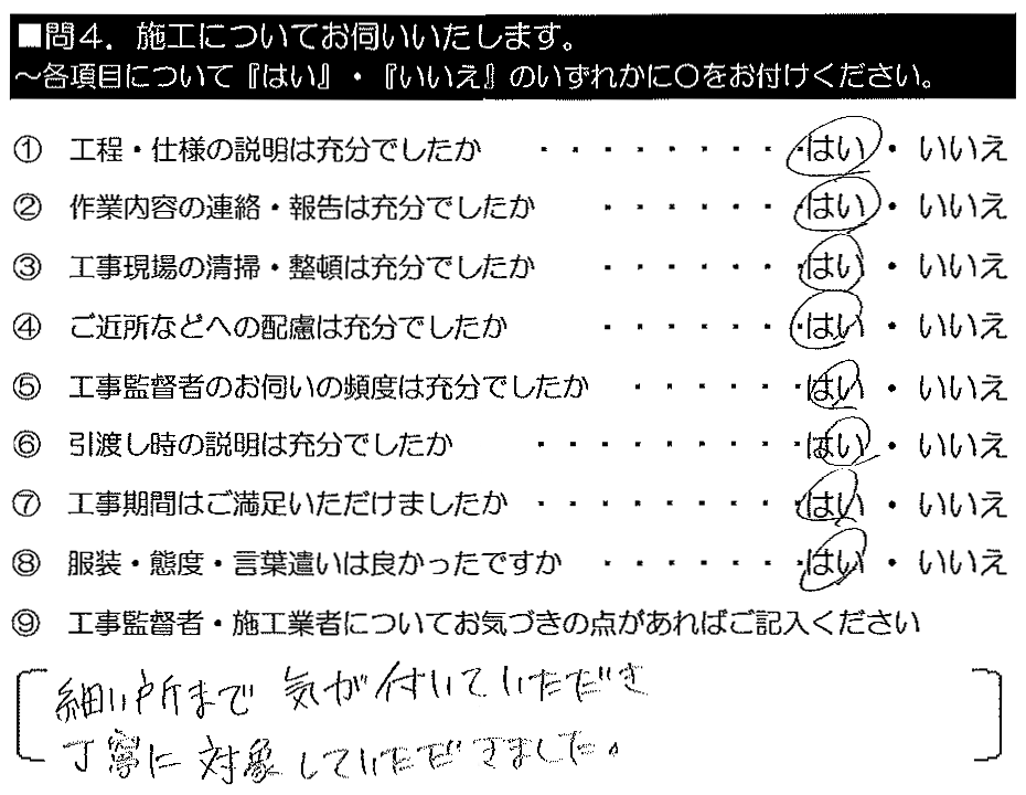 細かい所まで気が付いていただき、丁寧に対処していただきました。