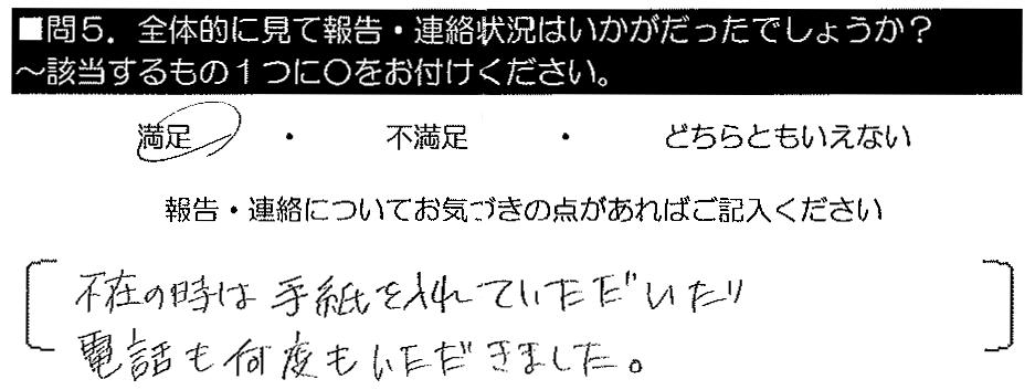 不在のときは手紙を入れていただいたり、電話も何度もいただきました。