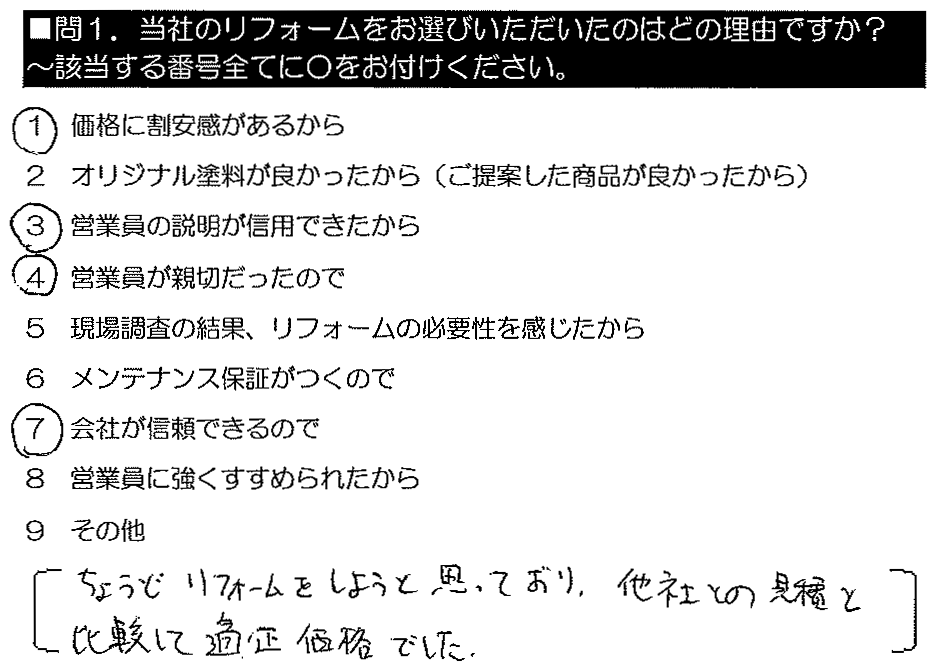 ちょうどリフォームをしようと思っており、他社との見積りと比較して適正価格でした。