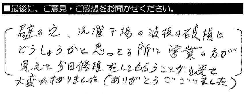 壁の穴、洗濯干場の波板の破損に、どうしようかと思っている所に営業の方がみえて、