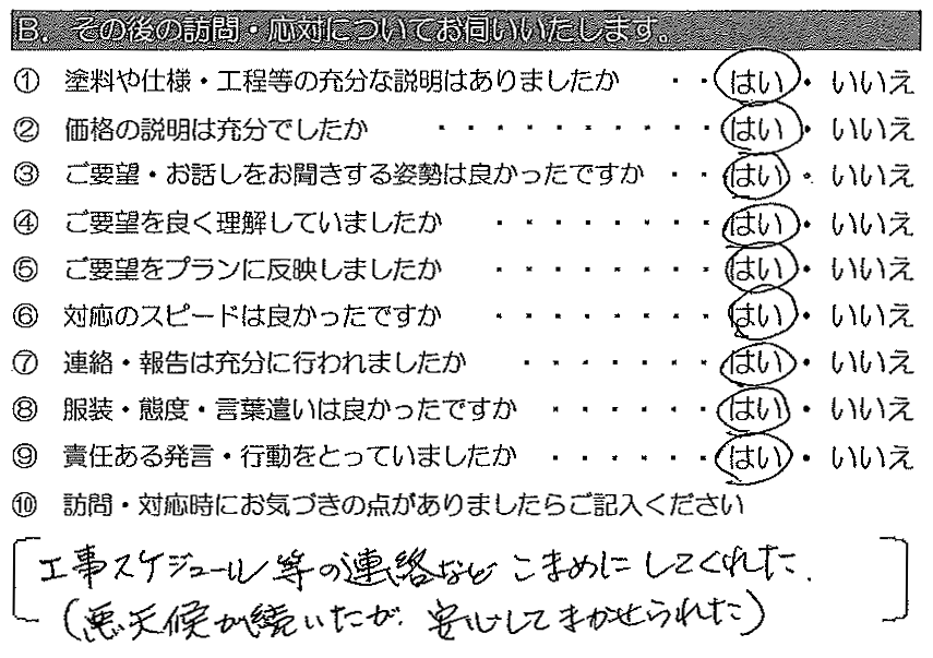 工事スケジュールの連絡など、こまめにしてくれた。