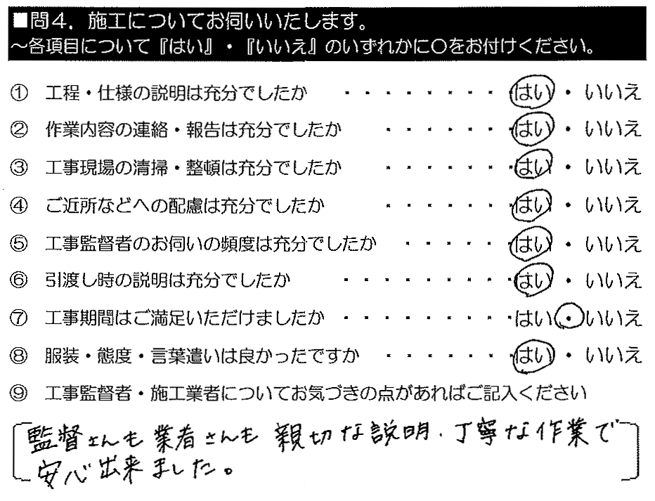 監督さんも業者さんも親切な説明・丁寧な作業で安心できました。