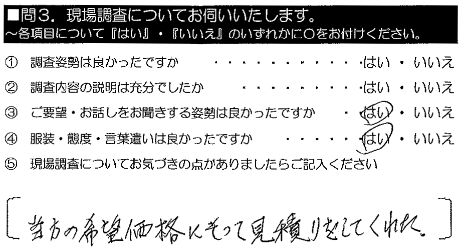 当方の希望価格にそって見積りをしてくれた。