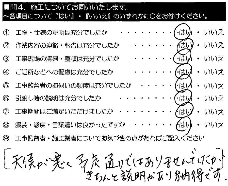 天候が悪く予定通りではありませんでしたが、きちんと説明があり納得です。