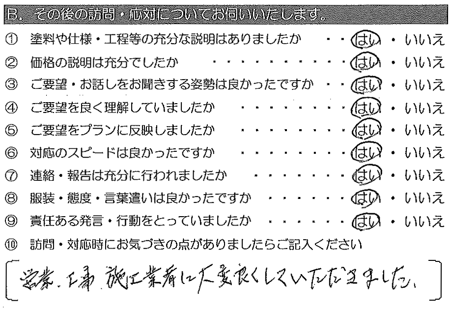 営業・工事・施工業者に、大変良くしていただきました。