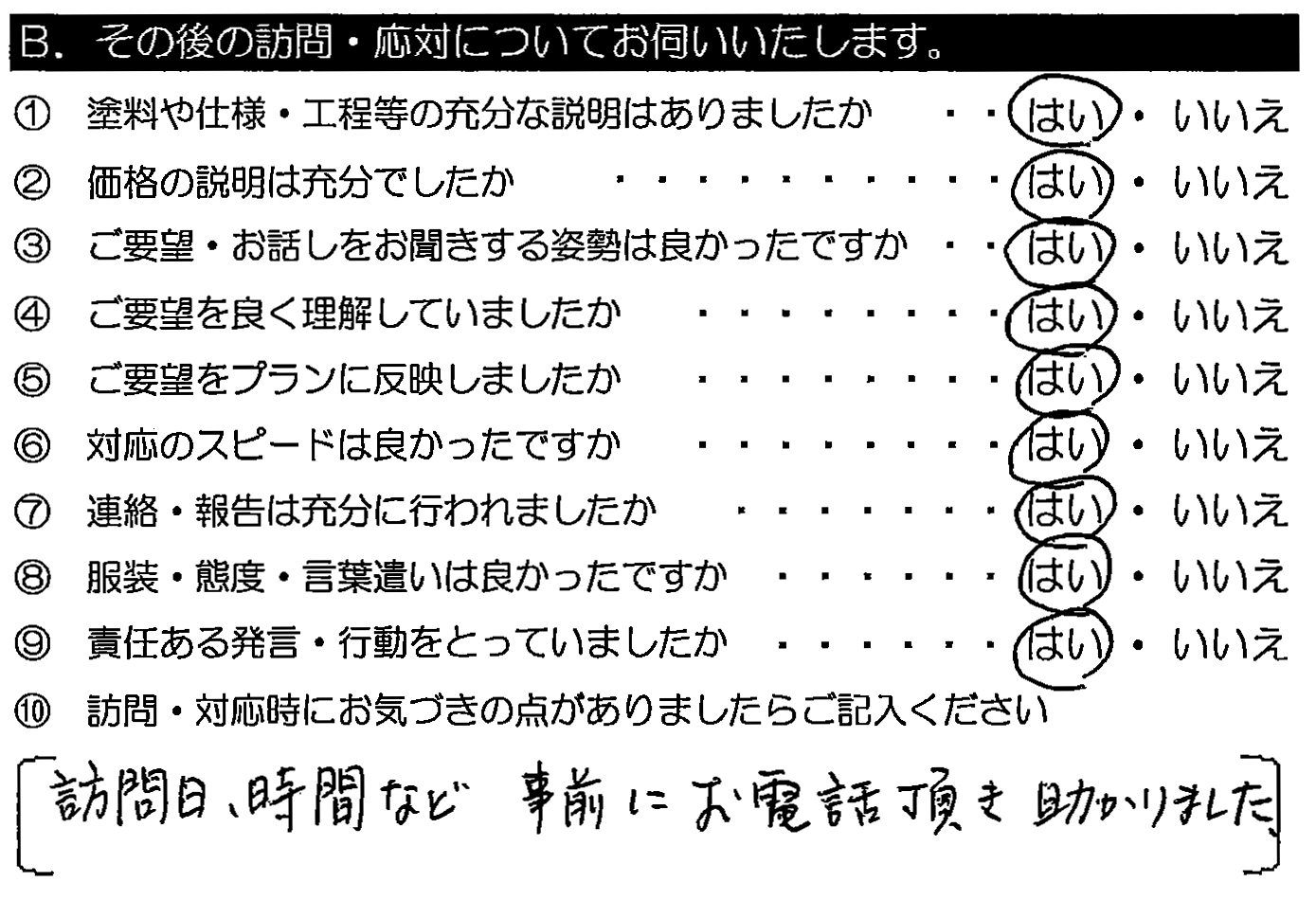 訪問日・時間など、事前にお電話頂き助かりました。