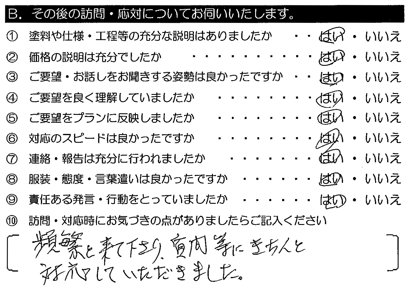 頻繁に来て下さり、質問等にきちんと対応していただきました。