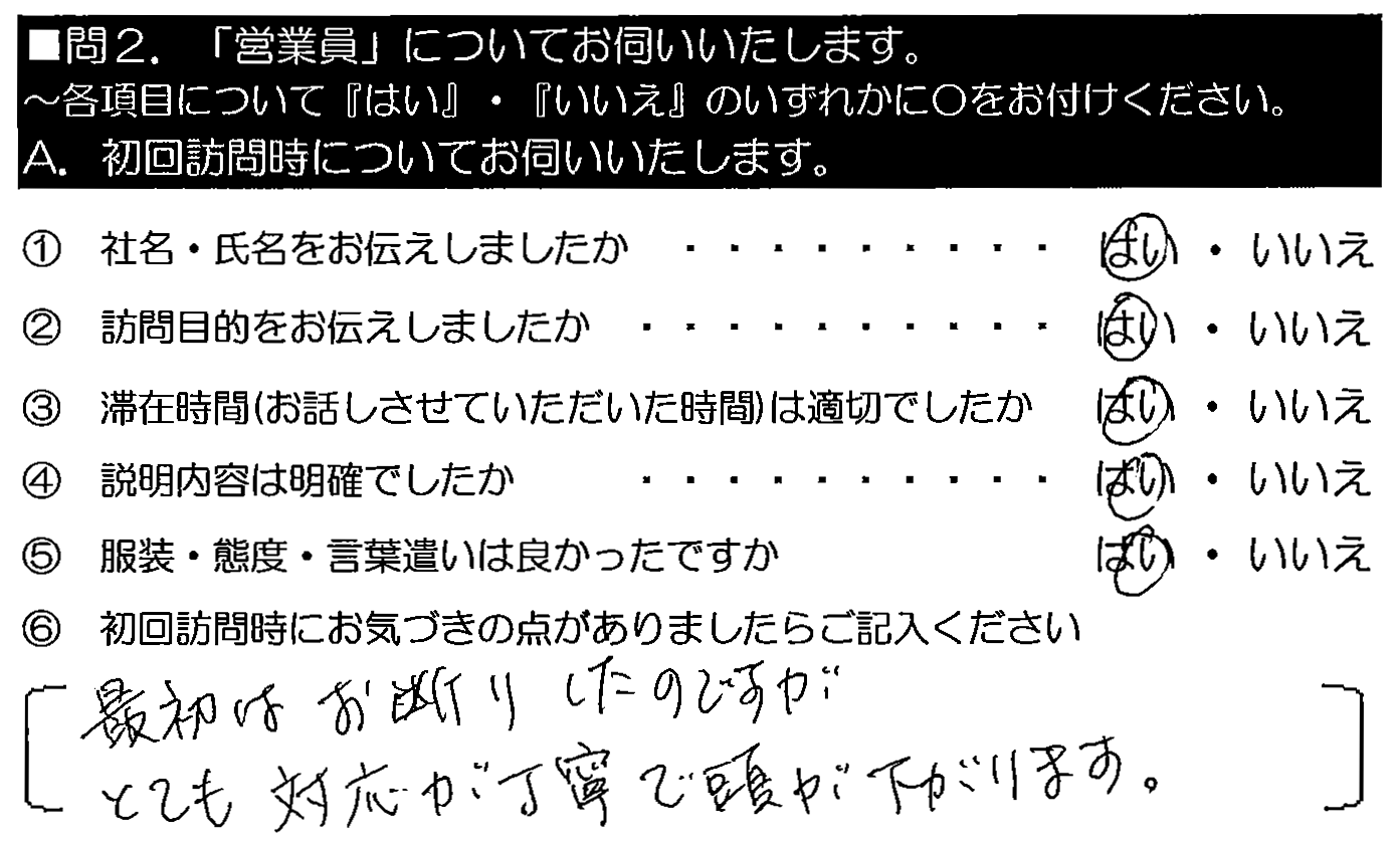 最初はお断りしたのですが、とても対応が丁寧で頭がさがります。