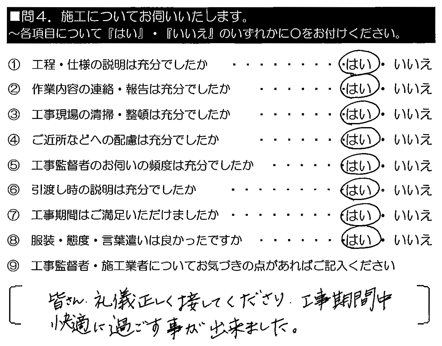 皆さん礼儀正しく接してくださり、工事期間中快適に過ごす事が出来ました。