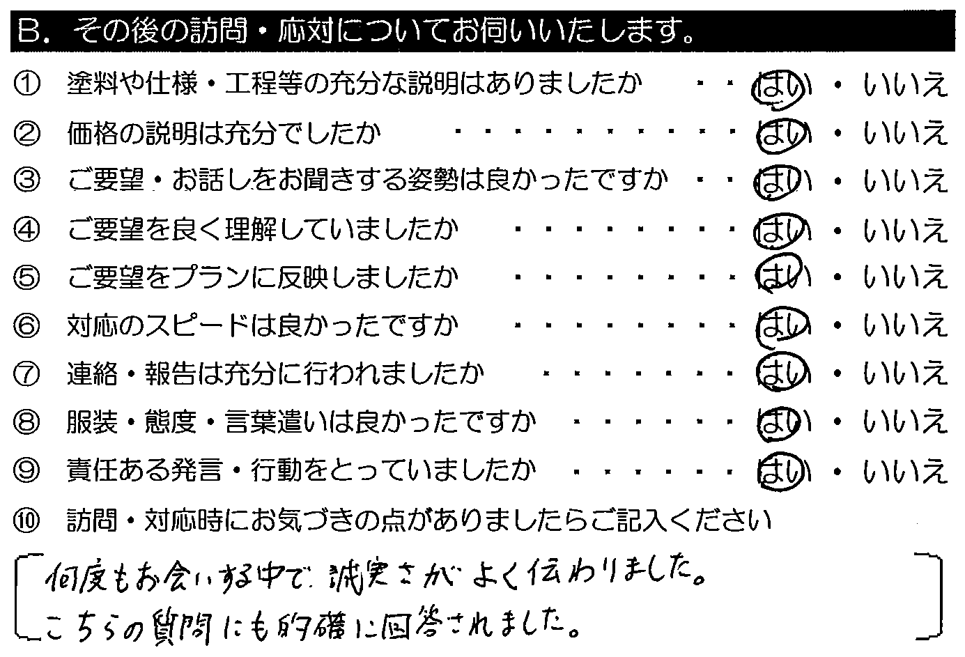 何度もお会いする中で誠実さがよく伝わりました。こちらの質問にも的確に回答されました。