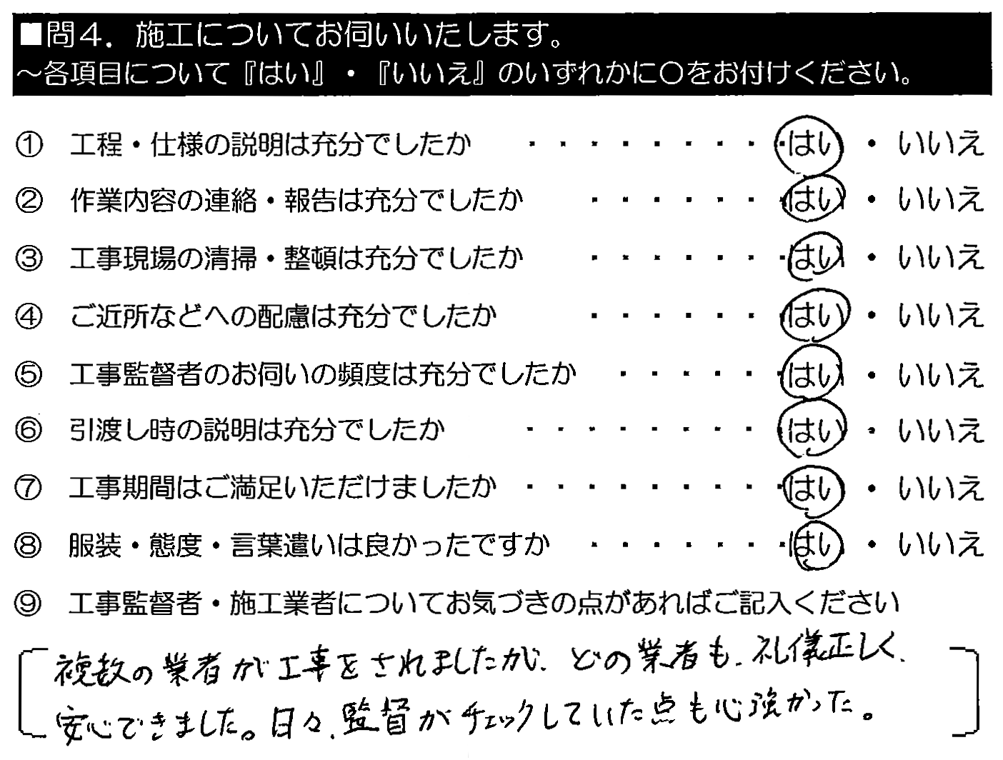 複数の業者が工事をされましたが、どの業者も礼儀正しく安心できました。日々監督がチェックしていた点も心強かった。