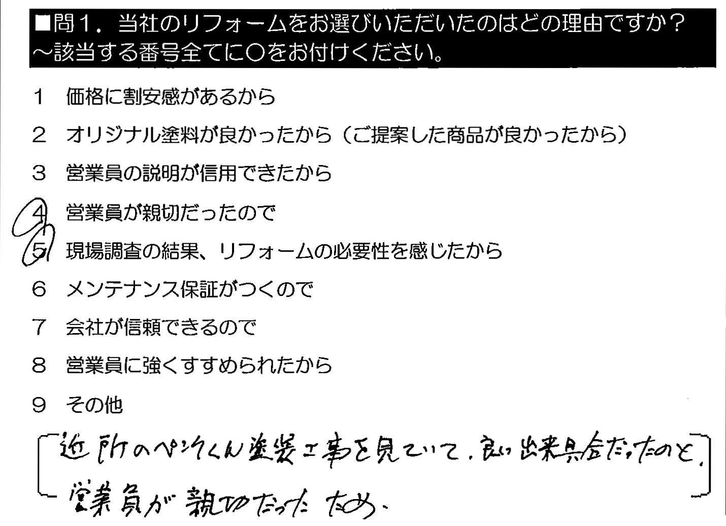 近所のペンタくん塗装工事を見ていて良い出来具合だったのと、営業員が親切だった。