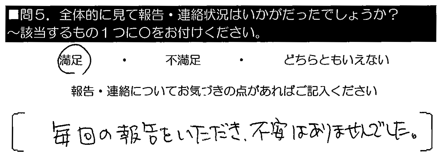 毎回の報告をいただき、不安はありませんでした。