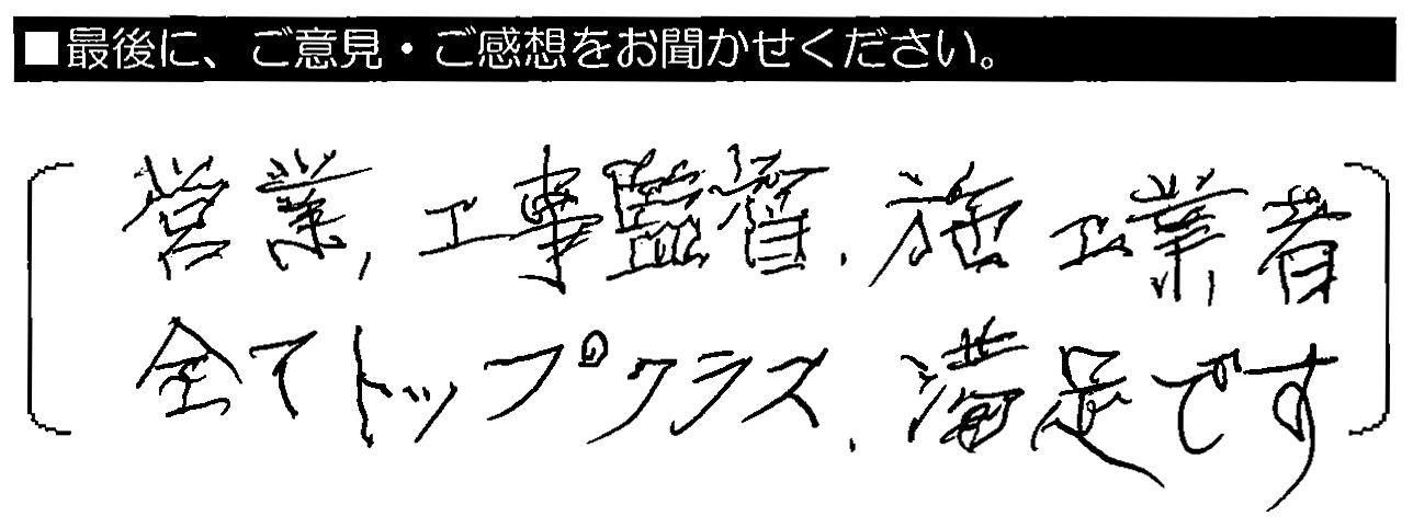 営業・工事監督・施工業者、全てトップクラス。満足です。