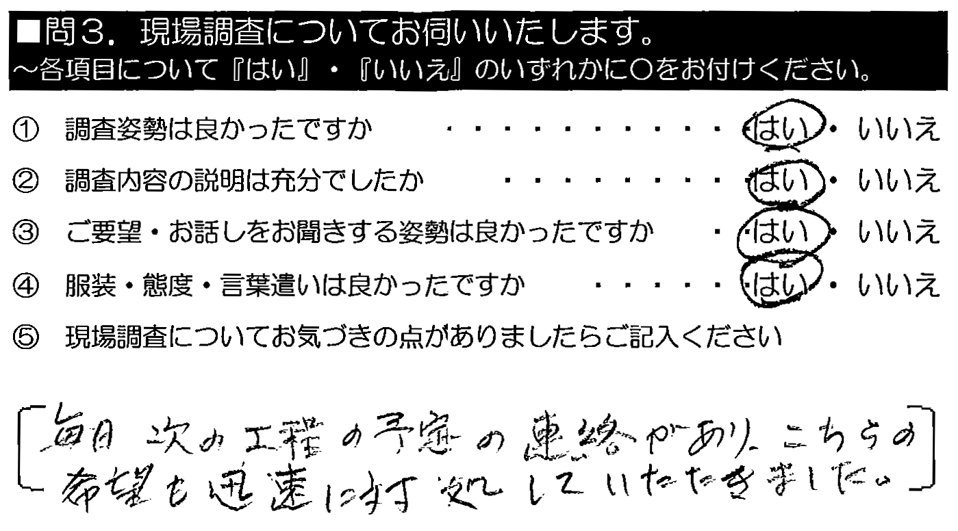 毎日次の工程の予定の連絡があり、こちらの希望も迅速に対処していただきました。