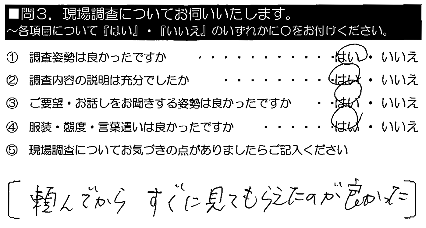 頼んでからすぐに見てもらえたのがよかった。