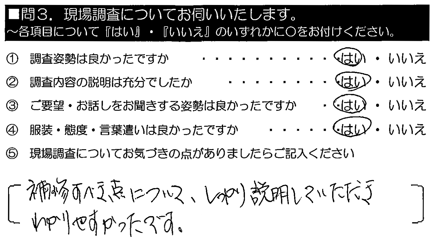 補修すべき点について、しっかり説明していただきわかりやすかったです。