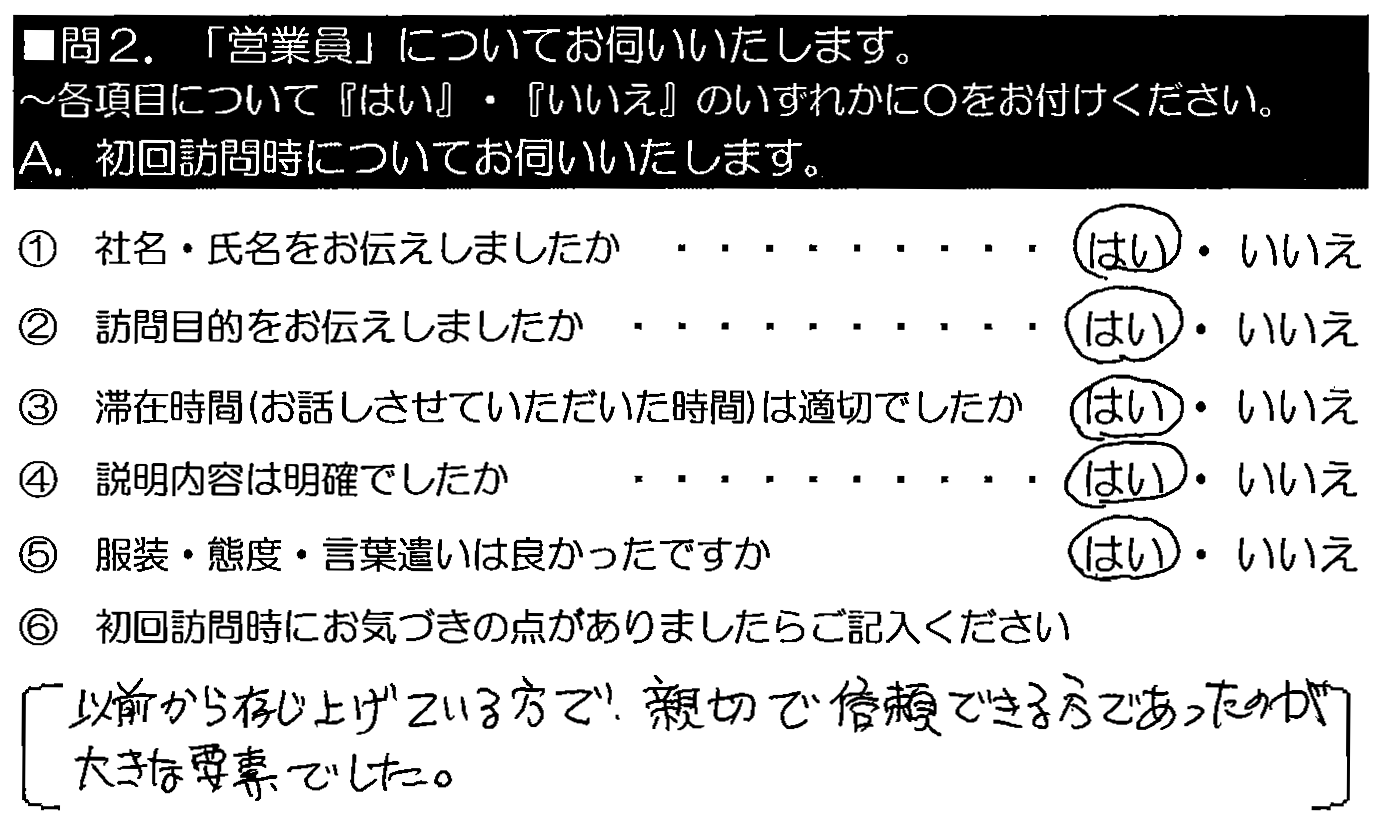 以前から存じ上げている方で、親切で信頼できる方であったのが大きな要素でした。