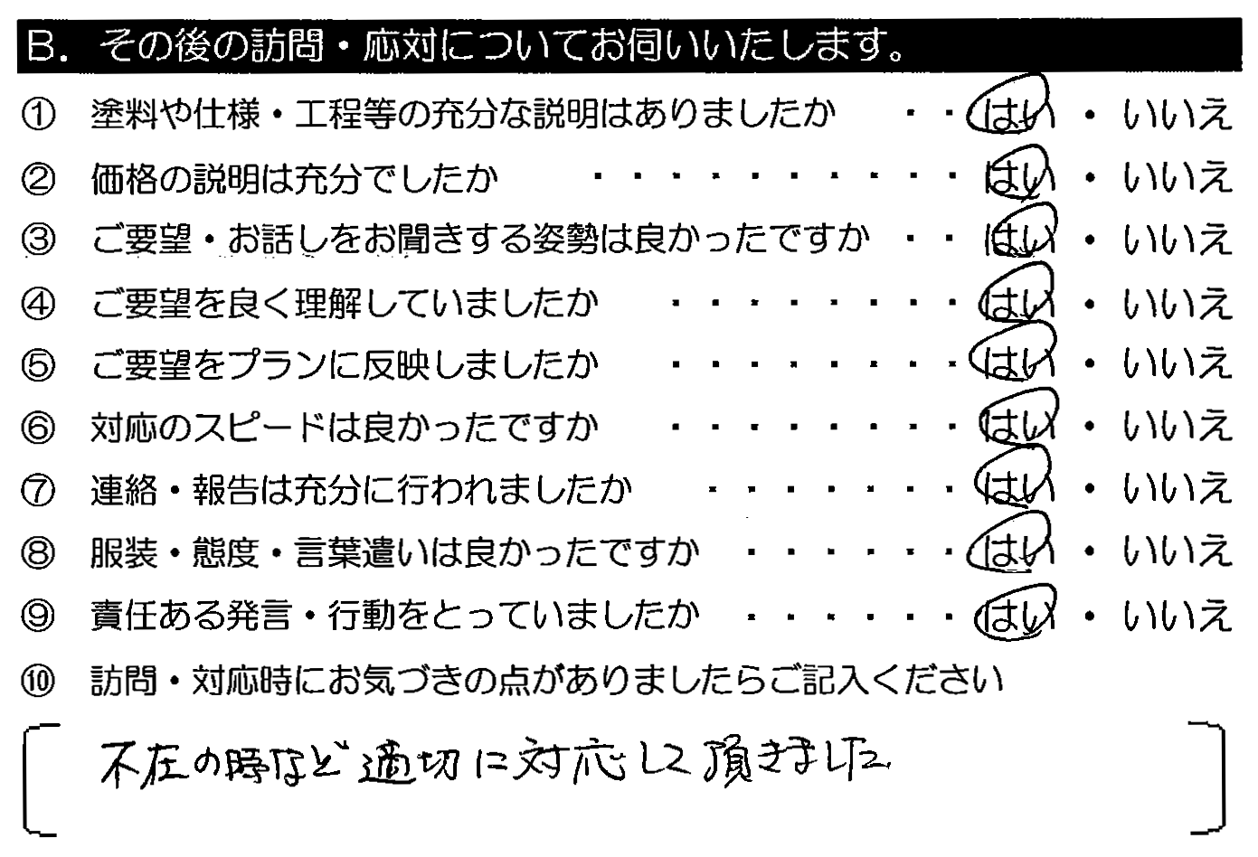 不在の時など適切に対応して頂きました。