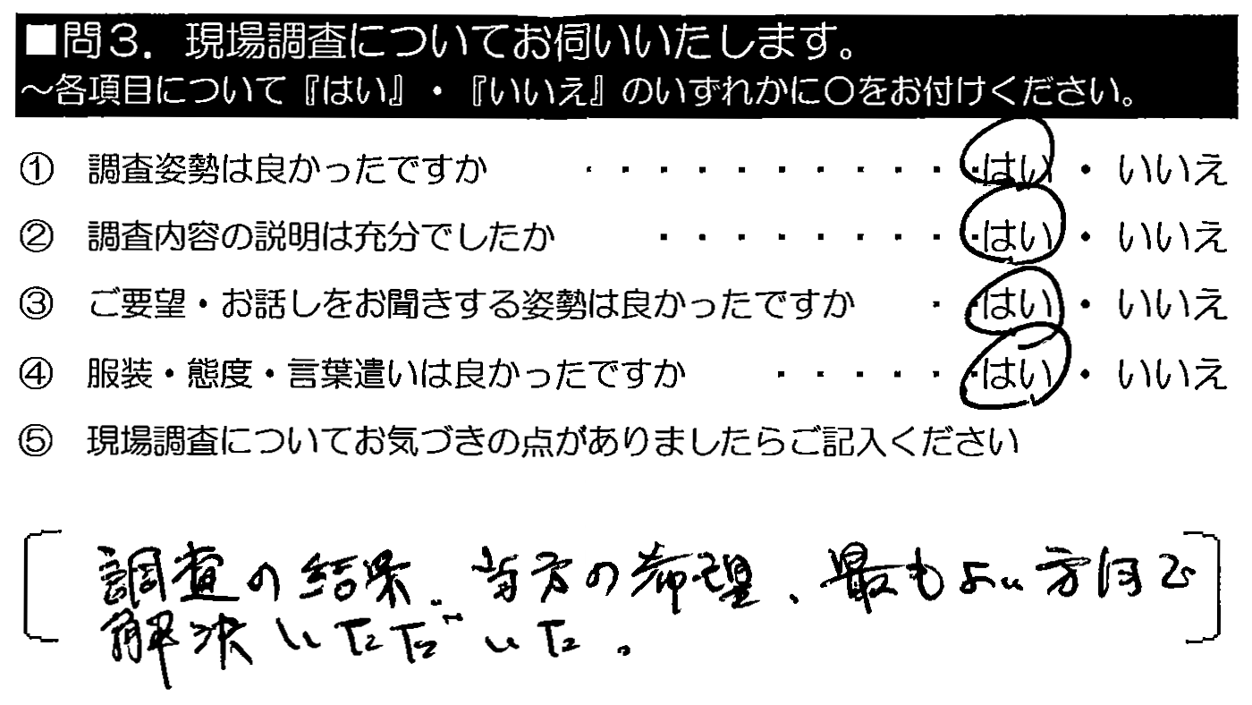 調査の結果、当方の希望、最もよい方向で解決いただいた。