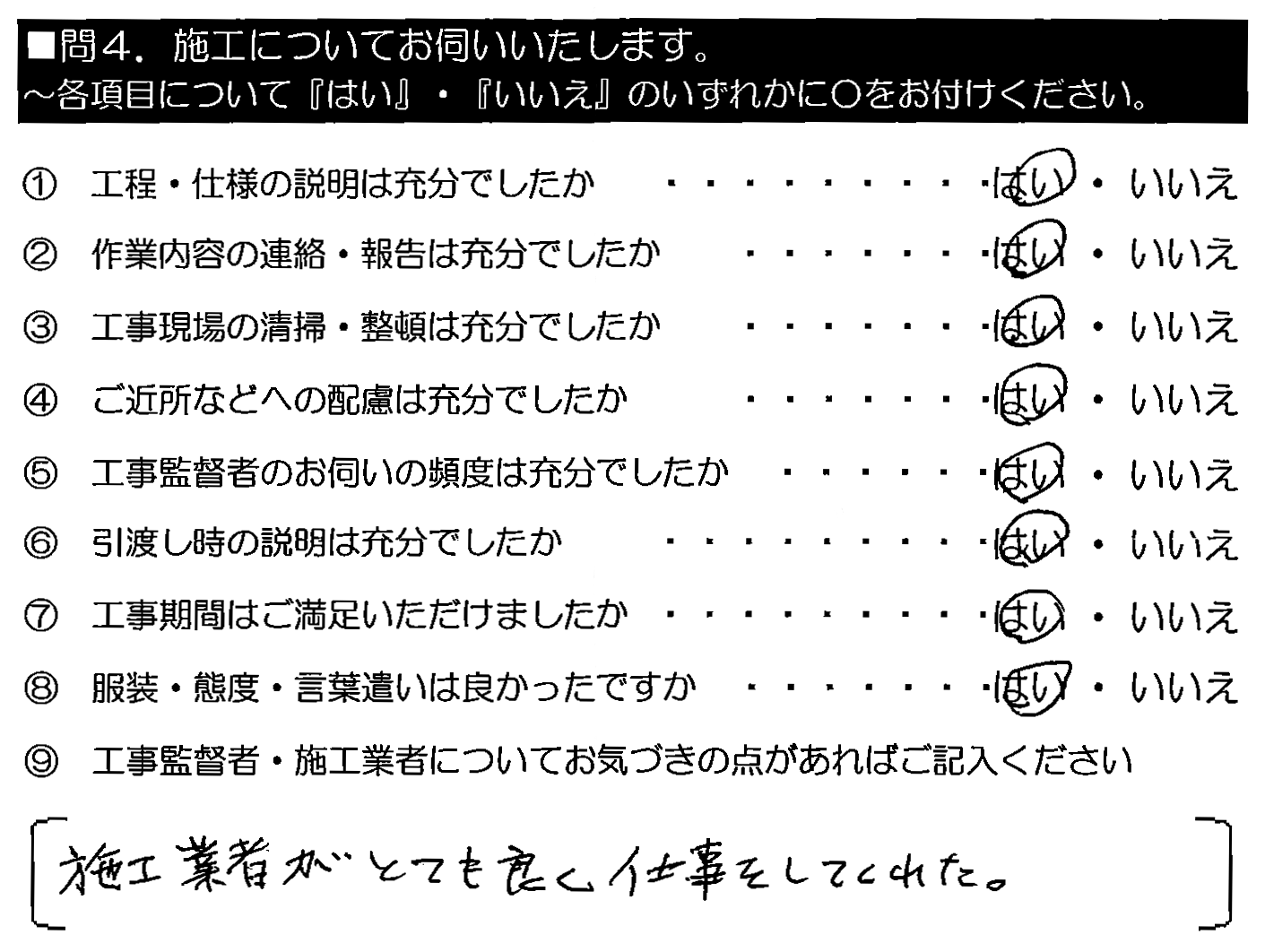 施工業者がとても良く仕事をしてくれた