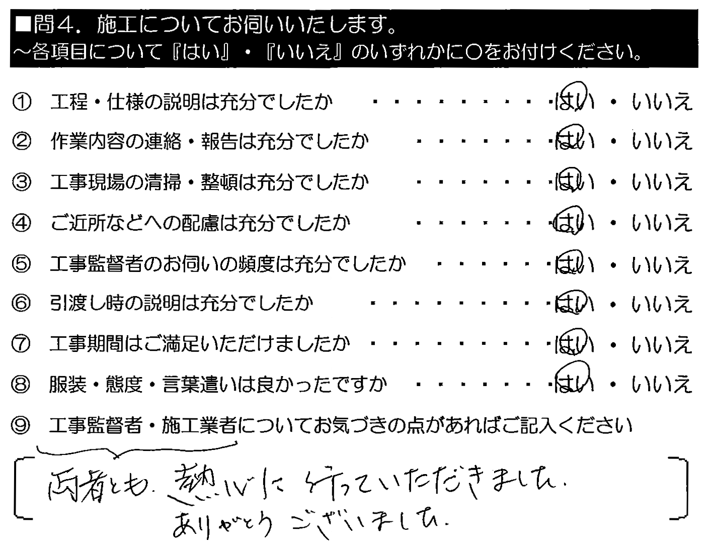 工事監督者・施工業者、両者とも熱心に