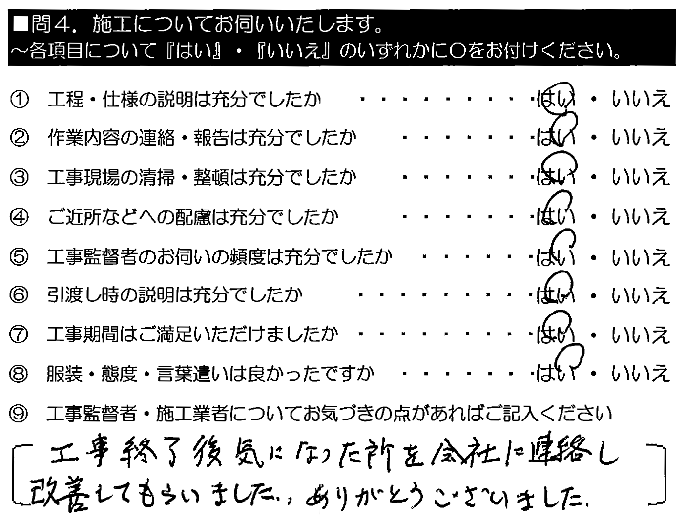 工事終了後、気になった所を会社に連絡し改善してもらいました。ありがとうございました。