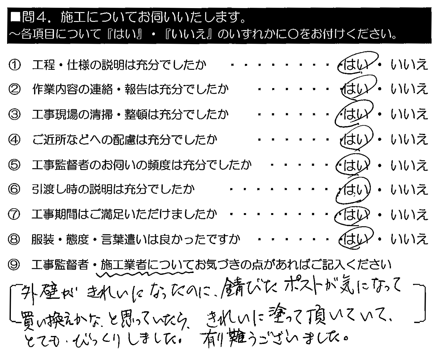 外壁がきれいになったのに、錆びたポストが気になって買い換えかなと思っていたら、きれいに塗って頂いていてとてもびっくりしました。