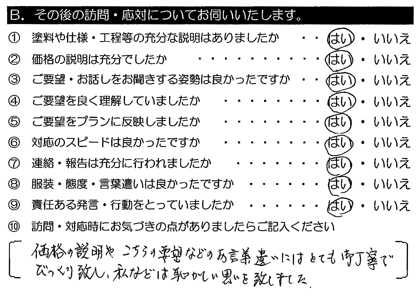 価格の説明やこちらの要望などのお言葉遣いには、とても御丁寧でびっくり致し、私などは恥ずかしい思いを致しました。