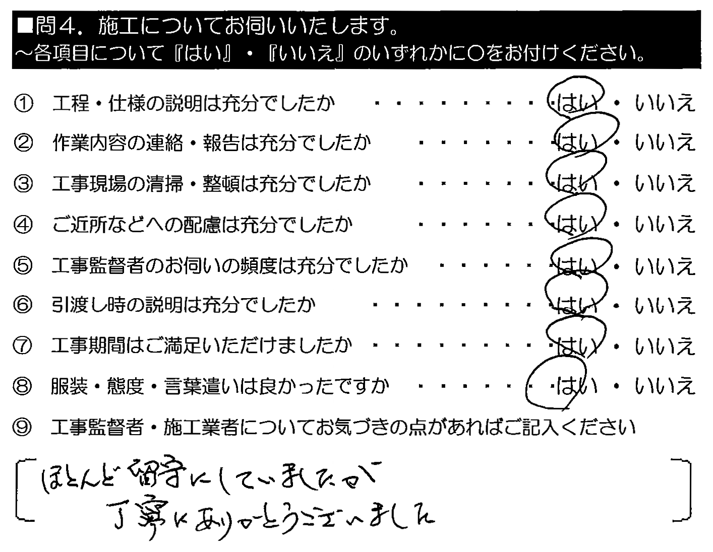 ほとんど留守にしていましたが、丁寧にありがとうございました。