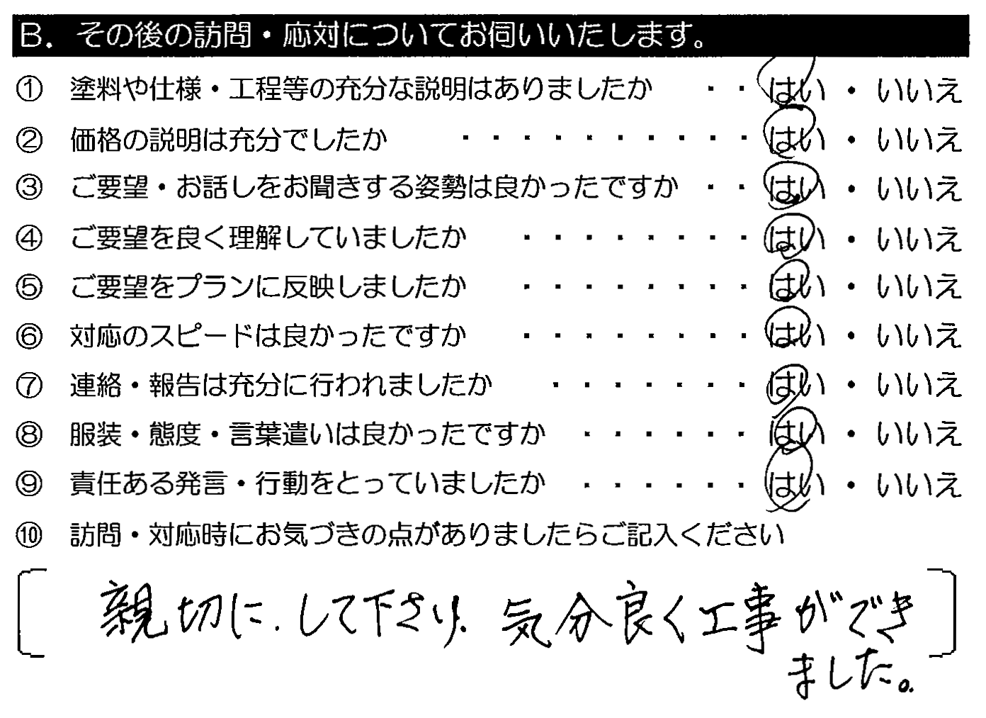 親切にして下さり、気分良く工事ができました。