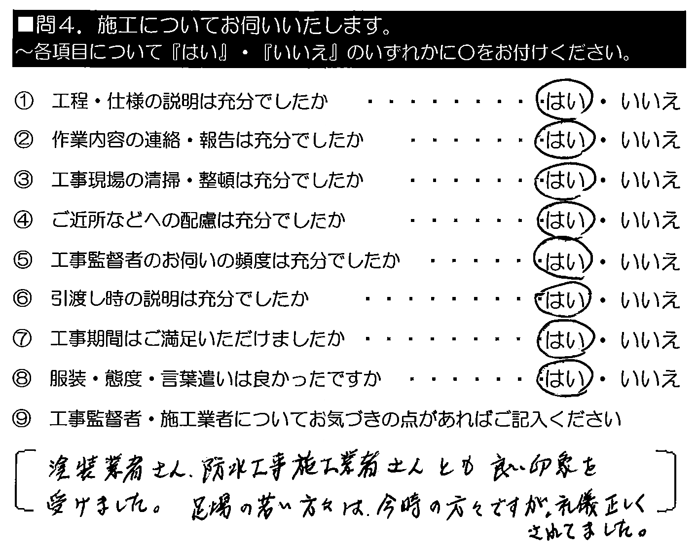 塗装業者さん・防水工事施工業者さんとも良い印象を受けました。足場の若い方々は今時の方々ですが、礼儀正しくされてました。