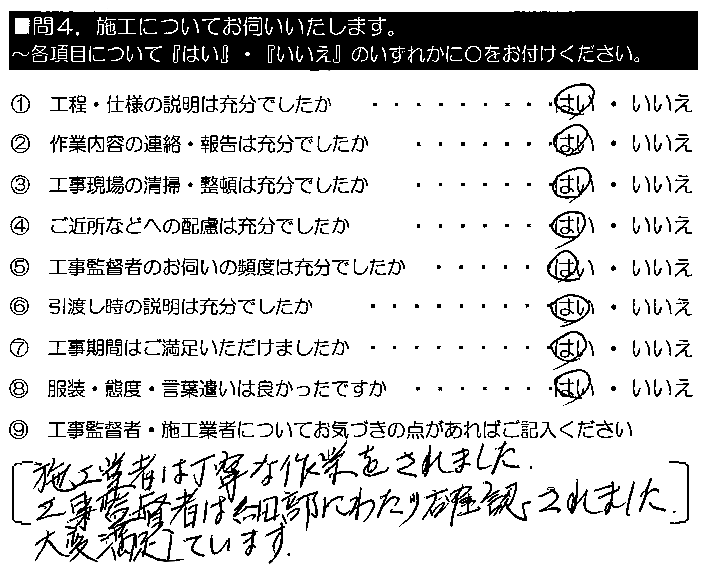 施工業者は丁寧な作業をされました。工事監督者は細部にわたり確認されました。大変満足しています。