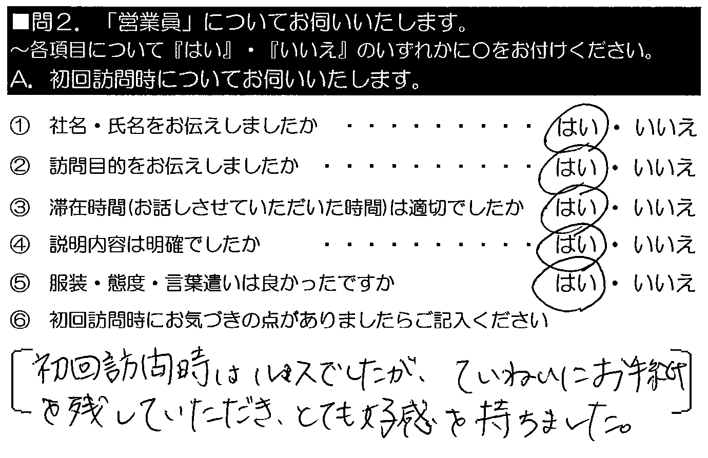 初回訪問時はルスでしたが、ていねいにお手紙を残していただき